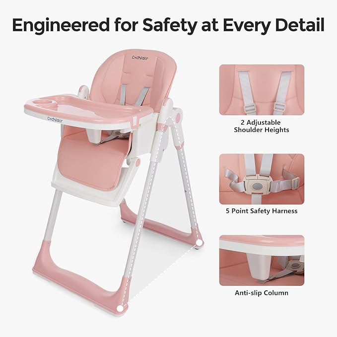 Cochildor 3-in-1 Foldable High Chair for Babies & Toddlers – Adjustable Height, Reclining Seat, 5-Point Safety Harness, Removable Tray, Lockable Wheels, Washable Cushion – Portable & Easy Clean, Pink