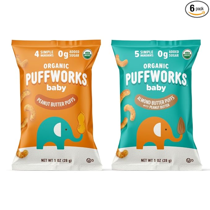 Puffworks Baby Peanut and Almond Variety Pack, Perfect for Early Peanut Introduction, Plant Protein, USDA Organic, No Added Sugar, Gluten-Free, Vegan, Non-GMO, Kosher, 1.0 Ounce (Pack of 6)