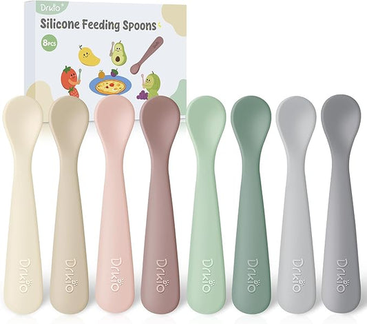 DRKIO 8-Piece Silicone Baby Spoons - Infant Spoons First Stage Self Feeding Baby Led Weaning Supplies Toddler Training Utensils Soft Chewable-Tip BPA-Free Dishwasher Safe Boil-proof