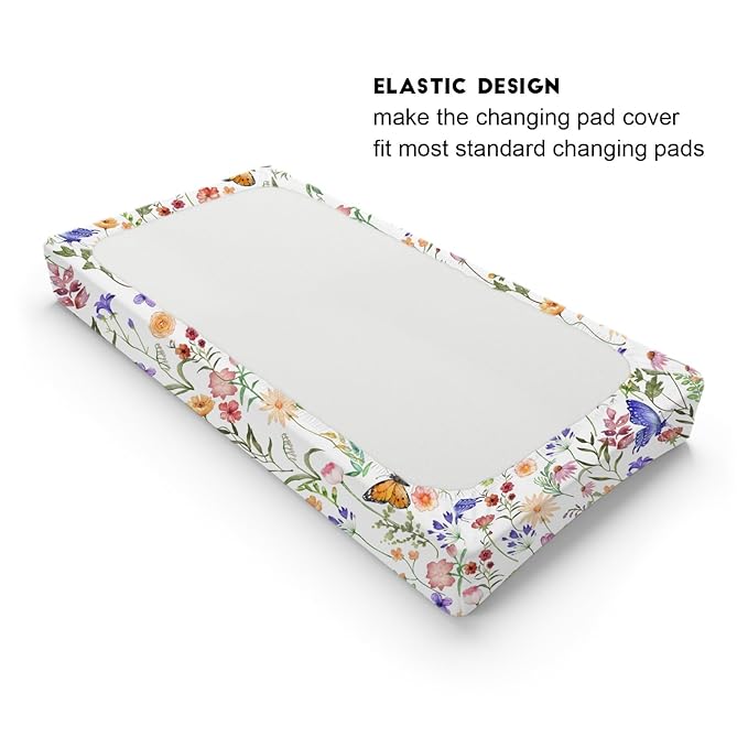 Spring Wildflower Butterflies Changing Pad Cover Watercolor Floral Summer Baby Changing Table Sheets for Baby Boy Girl Retro Botanical Soft Breathable Stretch Changing Table Mats 32''x16''