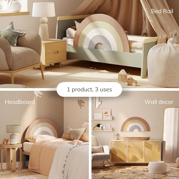 Premium 3-in-1 Toddler Bed Rail with Decorative Headboard and Wall Decor Functionality, High-End Bed Guard for Kids, Baby Bed Rail Guard, Twin Bed Rail for Toddlers - Neutral