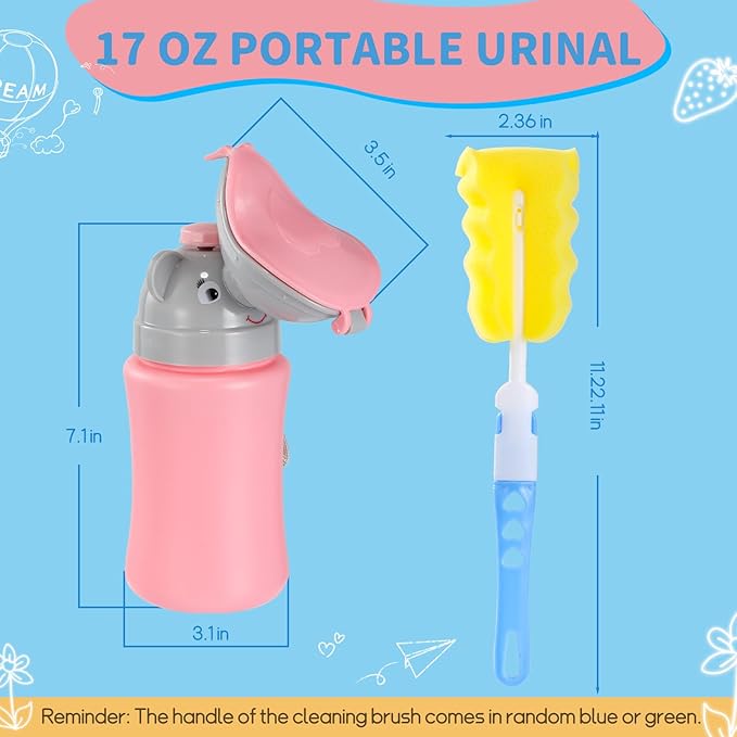 ONEDONE Portable Urinal for Kids 17 OZ Pee Bottle with Clean Brush Travel Urinal for Kids Baby Child Pee Cup for Girls Emergency Toilet for Camping Car Travel and Kid Potty Training (Pink)