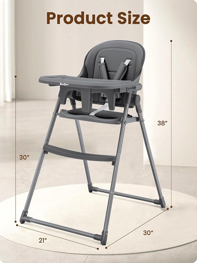 Foldable High Chair for Infants & Toddlers, Adjustable 3-Position Dishwasher-Safe Tray, 5-Point Safety Harness, Space-Saving Design for Dining & Mealtime, Gray