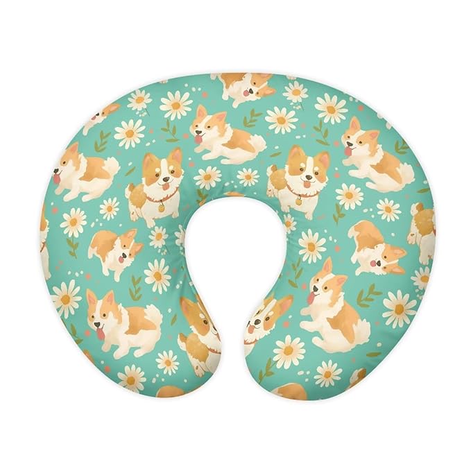 Jeiento Cute Welsh Corgi Dog Nursing Pillow Covers Daisy Flower Nursing Pillowcase for Mom,Newborn Zipper Slipcover for Breastfeeding Pillows Reversible Removable U-Shaped Pillow Case for Dog Lover