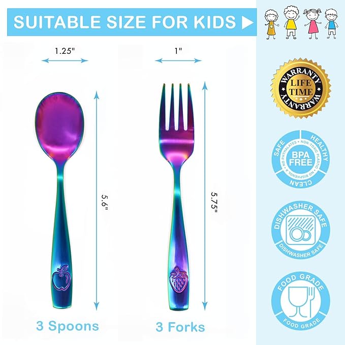 CHILLOUT LIFE Stainless Steel Kids Silverware Set 12 Pieces - Child and Toddler Safe Flatware - Kids Utensil Set - Metal Kids Cutlery Set (Includes 6 Small Kids Spoons & Kids 6 Forks, UV Rainbow)