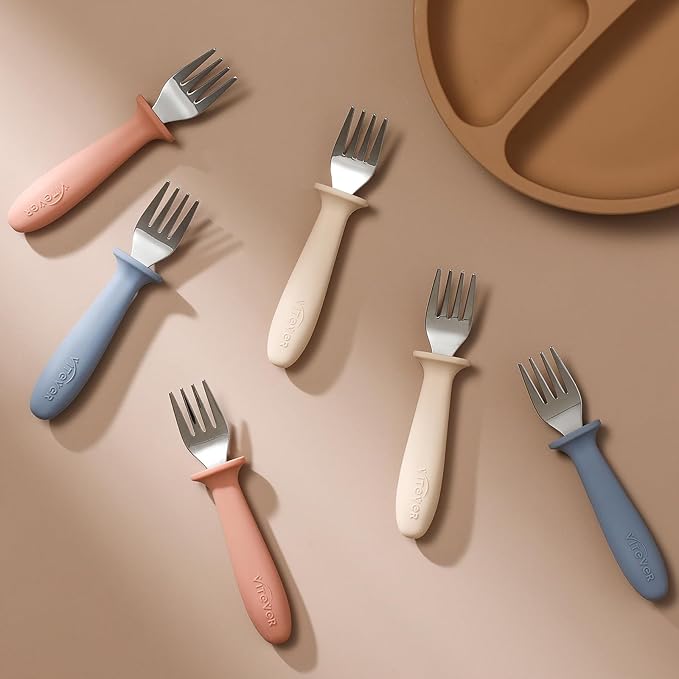 6 Pieces Toddler Forks，Kids Safe Utensils Set with Silicone Round Handle for Self Feeding，18/8 Stainless Steel Baby Forks，Children's Silverware Set BPA Free, Dishwasher Safe