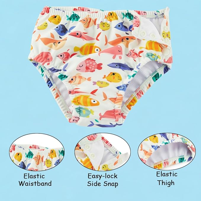 Baby Swim Diapers Reusable Washable Infant Diaper Swimsuit with Side Snap UPF 50+ Sun Protection for Pool Beach(6-12 Months,Purple Fish)