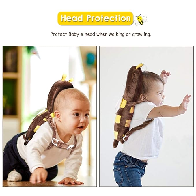 Okydoky Baby Head Protector One Backpack, Adjustable Toddlers Head Safety Pad Backpack, Baby Back Protection for Crawling & Walking, Bee