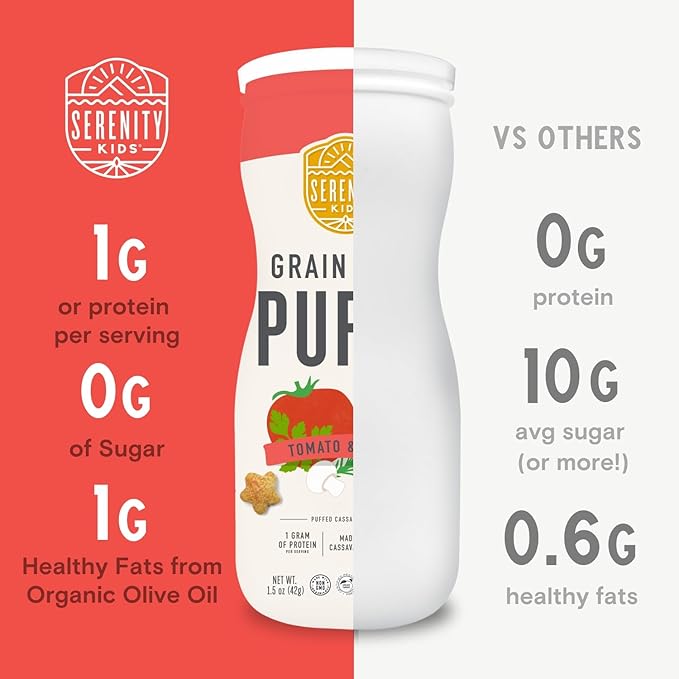 Serenity Kids 6+ Months Grain Free Baby Puffs - On-the-Go Baby Travel Snacks - USDA Organic & Gluten Free Toddler Puffs - Tomato & Herbs, 1.5 Oz, Pack of 6