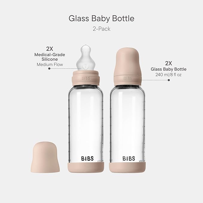 BIBS Glass Baby Bottles 2-Pack, 8.1 Oz. Anti-Colic System for Gas Reduction. Vented Round Silicone Nipple. Supports Infant and Newborn Breastfeeding - 240 ml (Pack of 2), Blush
