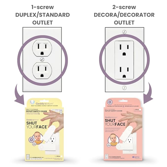 Self-Closing Outlet Cover Plate System by Geddy’s Mom – Automatic Child Safety that Covers Outlets When Unplugged, Shut Your Face, Easy Install, Award-Winning Baby Proofing for 2-Screw Decora Outlets
