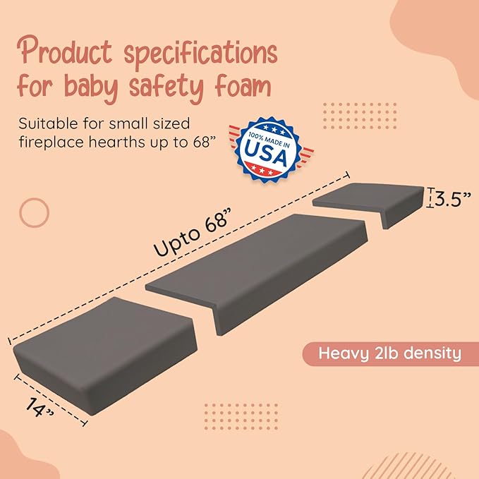Soft Seat Edge Cushion Fireplace Hearth Guard Bumper Pad Child Proof Padding (Small, Gray -fits Width from-0"-68")