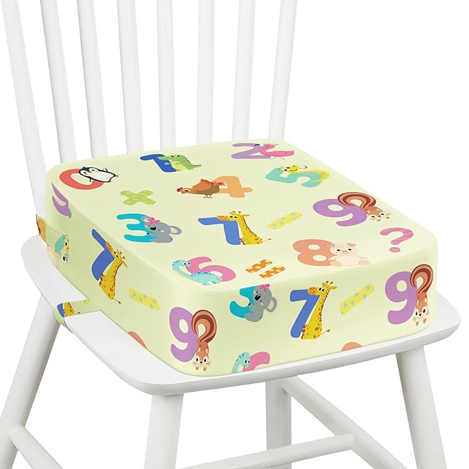 Toddler Booster Seat for Dining Table Kitchen Chair, Kids Booster Seat with Non-Slip Bottom and Adjustable Straps, 4" Detachable Washable Portable Travel Increasing Cushion (Animal Alphabet)