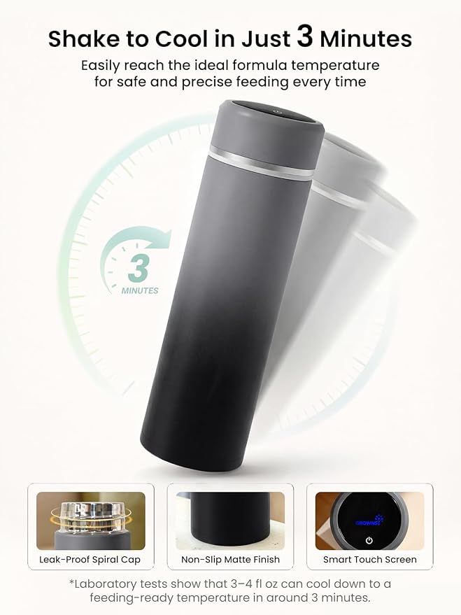 Grownsy Portable Baby Formula Bottle Maker, Rapid Cooling in 3 Min, Pure Physical Cooling, No Power Needed, Smart Color Temp Display, Travel & Night Feeding Essential, Includes Formula Dispenser,Black