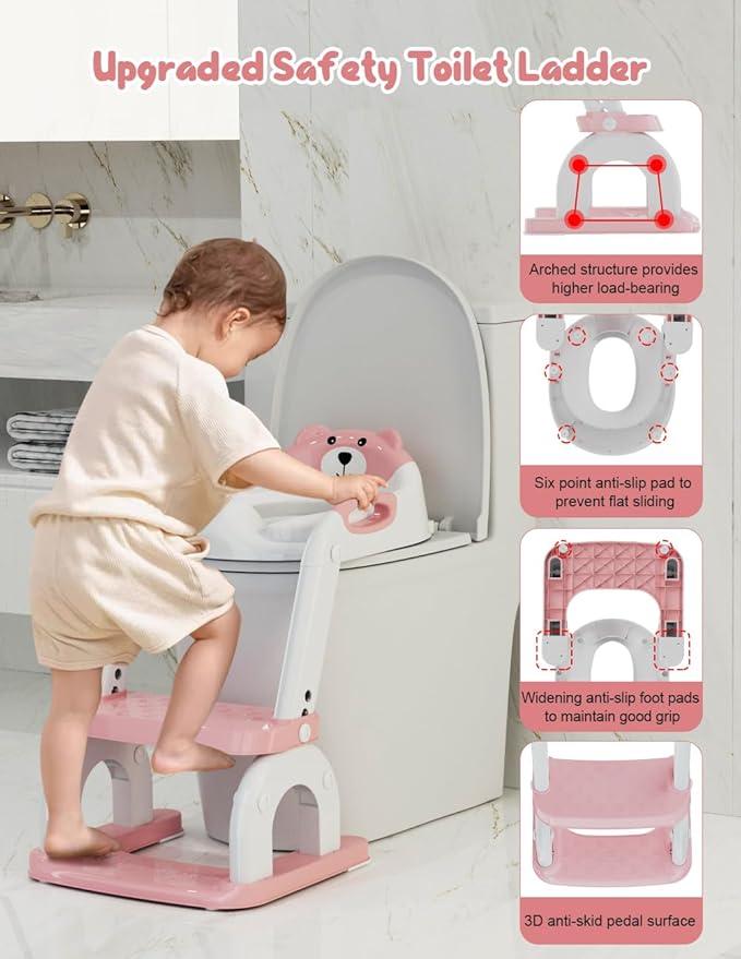 Potty Training Seat with Step Stool, Toddler Potty Training Toilet Seat with Non-Slip Step Splash Guard Safety Handles and Waterproof Cushion, 2 In 1 Toddler Potty Seat
