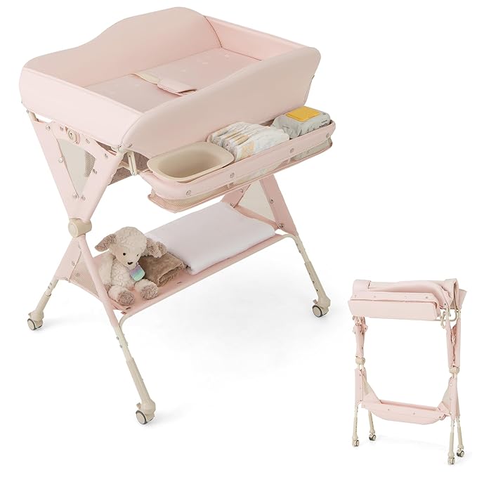HONEY JOY Changing Table, Folding Mobile Diaper Nursery Organizer w/Wheel, 3 Adjustable Heights, Storage Bag & Open Shelf, Water Basin, Portable Baby Changing Station for Newborn Infant(Pink)