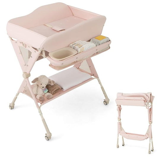 HONEY JOY Changing Table, Folding Mobile Diaper Nursery Organizer w/Wheel, 3 Adjustable Heights, Storage Bag & Open Shelf, Water Basin, Portable Baby Changing Station for Newborn Infant(Pink)