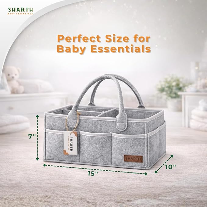 Sharth Baby Diaper Caddy Organizer with Handle, Baby Shower Gifts Basket Bag, Registry Search Must Haves Items, Nursery Storage Organizer for Newborn Girl Boy, Car Diaper Caddy (Gray)