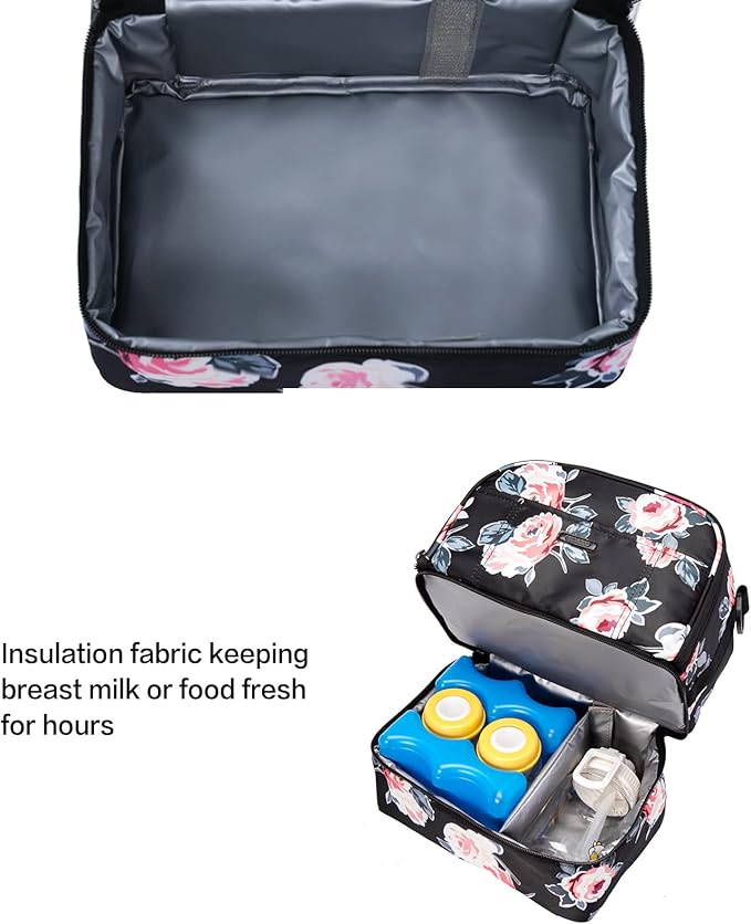 Breast Pump Bag Cooler Compartment for Breast Pump - Cooler and Moistureproof Bag Double Layer for Mother Breast Milk Pump Lunch Bag Outdoor Working (Flower)