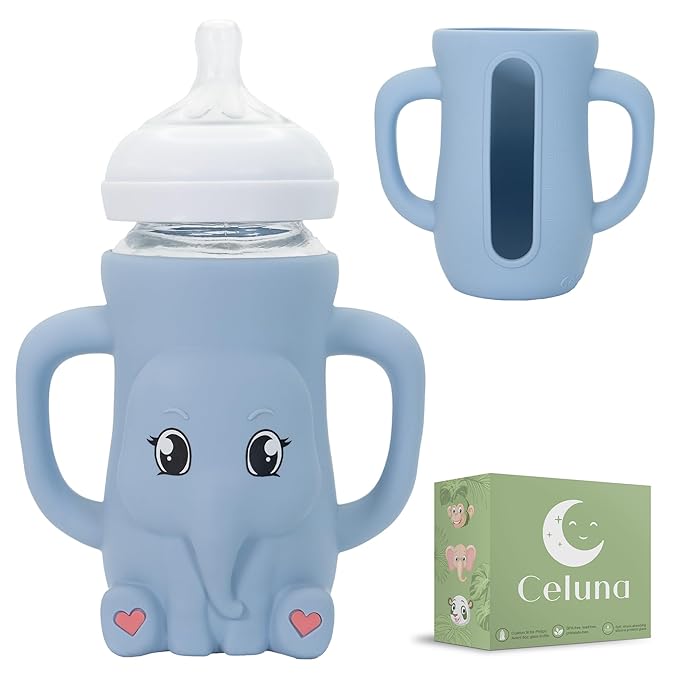 Silicone Bottle Sleeve for 8oz Philips Avent Natural Glass Bottle | Drop Protector + Easy Grip Handles | BPA Free Safe Material | Baby Bottle Not Included | Blue Elephant