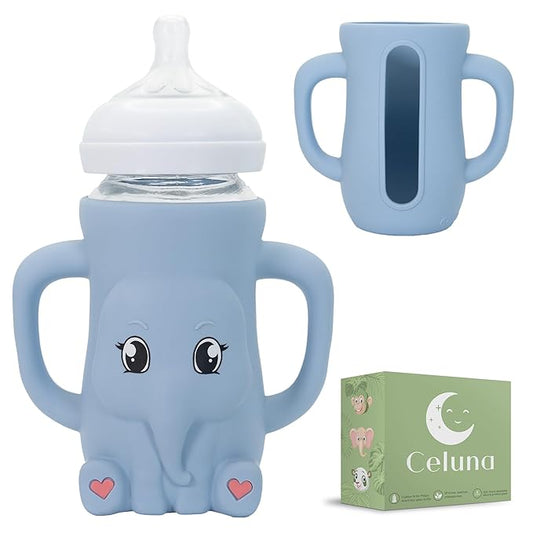 Silicone Bottle Sleeve for 8oz Philips Avent Natural Glass Bottle | Drop Protector + Easy Grip Handles | BPA Free Safe Material | Baby Bottle Not Included | Blue Elephant