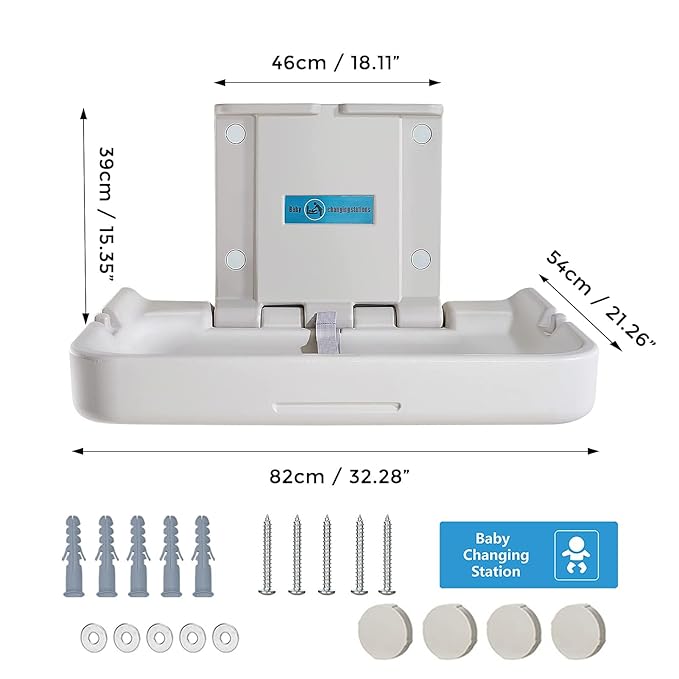 Baby Changing Station Wall Mounted, Baby Changing Table with Safrty Strap, HDPE Fold-Down Diaper Changing Station Table, Foldable Diaper Changing Unit for Commercial Bathroom Restroom,