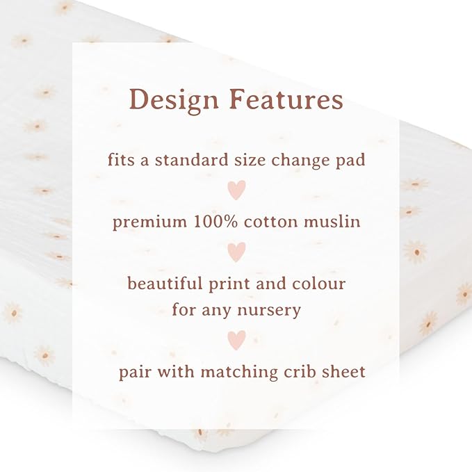 lulujo Baby Changing Pad Cover 100% Cotton Muslin Fitted Standard Size, 32 x 16 Inches, Daisies