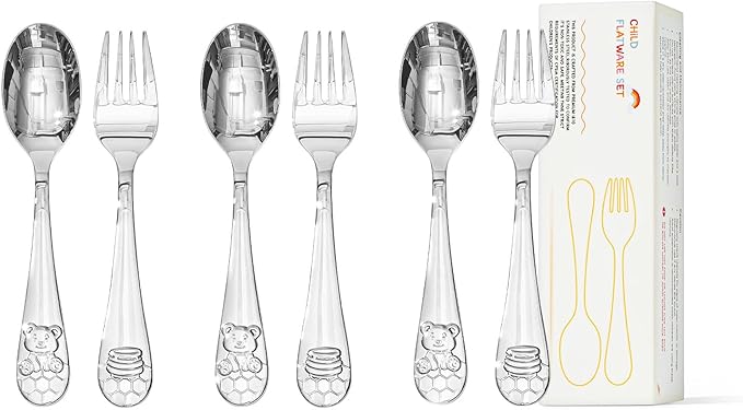 KINGSTONE Kids Silverware Set, 6-Piece Large Forks & Spoons, 18/10 Stainless Steel, Ergonomic Flatware for Self-Feeding Children, Home & Travel, Honey Bear Print