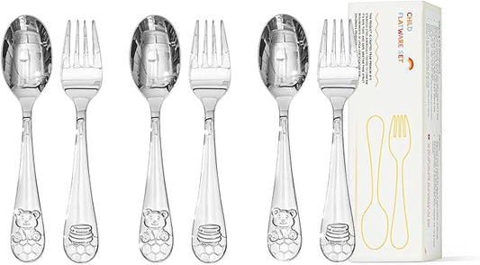 KINGSTONE Kids Silverware Set, 6-Piece Large Forks & Spoons, 18/10 Stainless Steel, Ergonomic Flatware for Self-Feeding Children, Home & Travel, Honey Bear Print