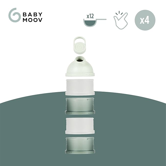 Babymoov Babydose Formula Dispenser On-the-Go, BPA-Free Baby Formula and Snack Container, Travel Essential, 4 Airtight Compartments, XL Capacity, Ergonomic, Dishwasher-Safe, Made in France, Green
