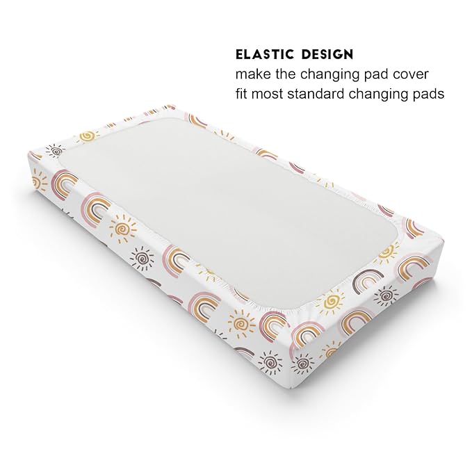 Boho Sunshine Rainbow Changing Pad Cover Colorful Rainbow Sun Baby Changing Table Pad Cover for Boys Girls Soft Breathable Stretch Fitted Change Table Pad Mats Covers 32''x16''