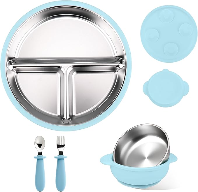 Mity rain Stainless Steel & Silicone Toddler Plates and Bowls Set with Suction,5-Piece Suction Plates & Bowls for Toddler,Removable Shell,Silicones Baby Plates for Independent Eating(Light Blue) ﻿