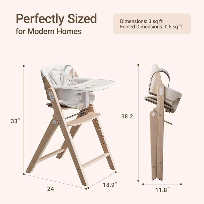 Mamazing GrowPod Pro Wooden Baby High Chair for 6 Months to 300lbs, Easy to Clean with Tray, Compact Foldable Highchair for Kitchen & Dining Room, with 5-Point Safety Harnesses and Guard Bar