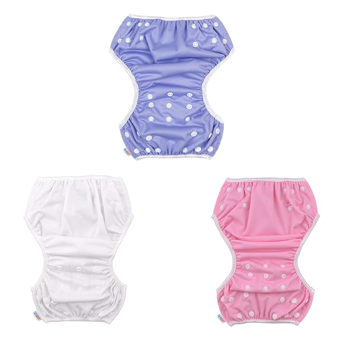 ALVABABY Swim Diapers 3pcs Reuseable Washable & Adjustable for Swimming Lesson & 0-2 Years Purple White Pink 3SWB17
