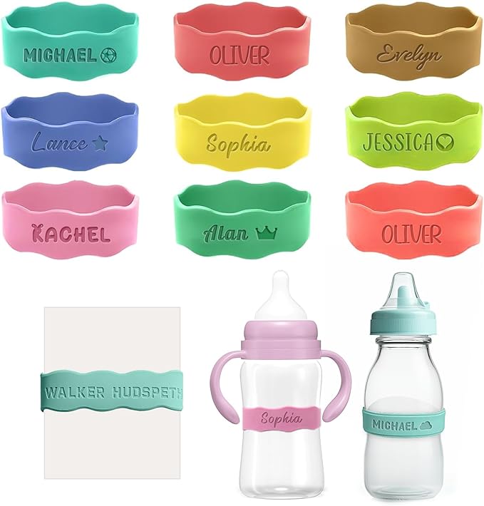 3UMeter 2PCS Personalized Waterproof Name Labels for Kids Custom Silicone Bottle Labels Engraved Non-Slip Elastic Reusable Water Bottle Name Bands for Boys Girls