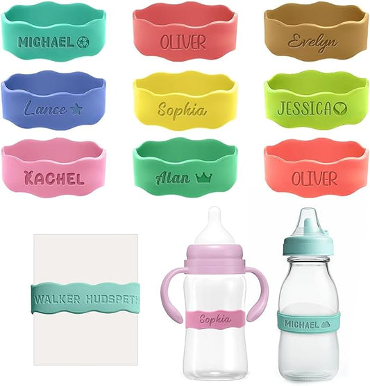 3UMeter 2PCS Personalized Waterproof Name Labels for Kids Custom Silicone Bottle Labels Engraved Non-Slip Elastic Reusable Water Bottle Name Bands for Boys Girls
