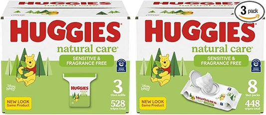 Baby Wipes Bundle: Huggies Natural Care Sensitive Baby Wipes, Unscented, 8 Flip-Top Packs (448 Wipes Total) and 3 Refill Packs (528 Wipes Total)