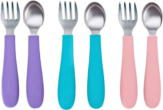 WeeSprout Toddler Utensils, 3 Forks & 3 Spoons, 18/8 Stainless Steel & Food Grade Silicone, Thick Easy-Grip Handles, Perfect Length For New Self Feeders, Gentle On Gums & Teeth, Dishwasher Safe
