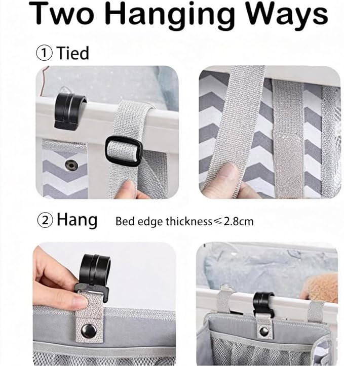Hanging Diaper Caddy Organizer for Crib, Baby Diaper Holder with 3 Compartments, Water-Resistant Nursery Storage Bag for Changing Table, Playard, Wall, Ripple Grey