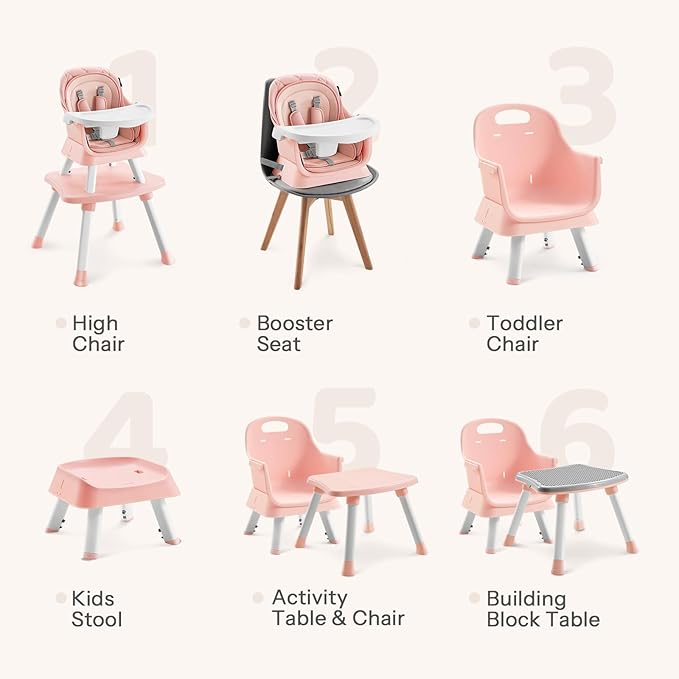 HARPPA Moro 6-in-1 Baby High Chair, Convertible Highchair for Babies and Toddlers, Feeding Booster Seat, Toddler Chair & Activity Table, 5-Point Harness, Dishwasher-Safe Removable Tray, Pink