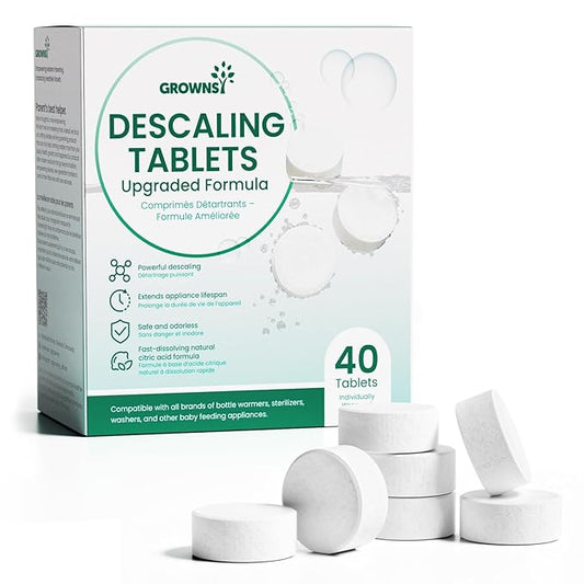 GROWNSY Descaling Agent Descaling Tablets for Bottle Warmer & Sterilizer, Daily Essential Descaler, Cleaner for Baby Food Makers, Deep Limescale & Odor Removal, Performance Care, 40 Count for Regular