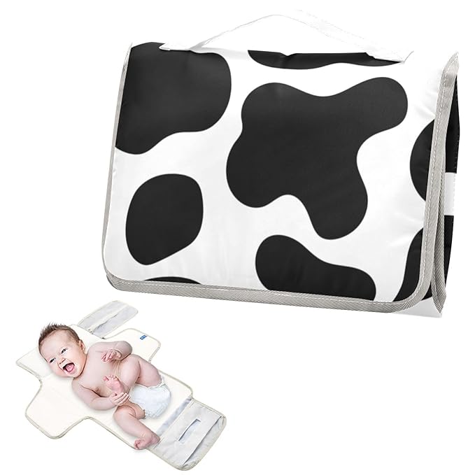 Portable Diaper Changing Pad Travel Baby Changing Mat Waterproof Diaper Changing Mat Foldable Lightweight Baby Changer with Built-in Pillow Cow Print Black and White