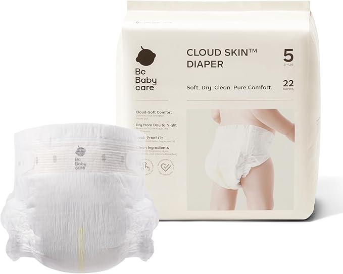 Bc Babycare Cloud Skin Baby Diapers, Size 5 (27+ lbs), 22 Count – Ultra Soft & Dry, Leak-Proof Overnight Comfort, Hypoallergenic, Totally Chlorine-Free