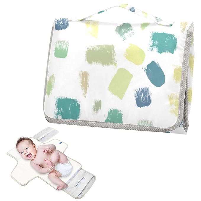 Portable Diaper Changing Pad Travel Baby Changing Mat Waterproof Diaper Changing Mat Foldable Lightweight Baby Changer with Built-in Pillow Dotty Green