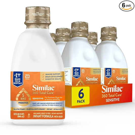 Similac 360 Total Care Sensitive Infant Formula for Fussiness & Gas Due to Lactose Sensitivity, Has 5 HMO Prebiotics, Baby Formula, Ready to Feed, 32-fl-oz Bottle, Pack of 6