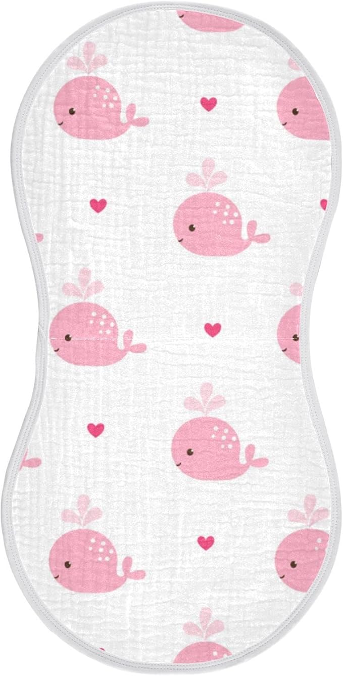 Pink Whale with Heart Muslin Burp Cloths for Baby 1 Pack 100% Cotton Baby Washcloths Bibs for Boy Girl