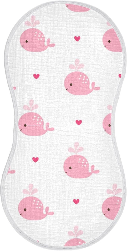 Pink Whale with Heart Muslin Burp Cloths for Baby 1 Pack 100% Cotton Baby Washcloths Bibs for Boy Girl