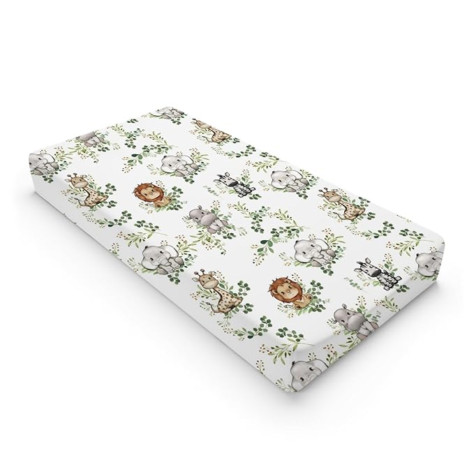 Baby Safari Animals Boho Green Leaves Changing Pad Covers Lion Elephant Giraffe Zebra Hippo Diaper Change Table Pad Covers for Girl Boy Soft Breathable Stretch Changing Mat Sheets 32''x16''