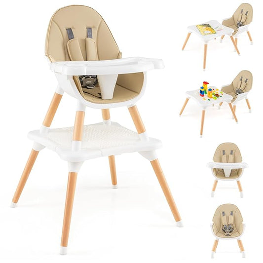 HONEY JOY Baby High Chair, 6-in-1 Convertible Wooden Highchair for Babies and Toddlers/Table Set/Toddler Chair with Safety Harness, 4-Position Removable Feeding Tray (Khaki)