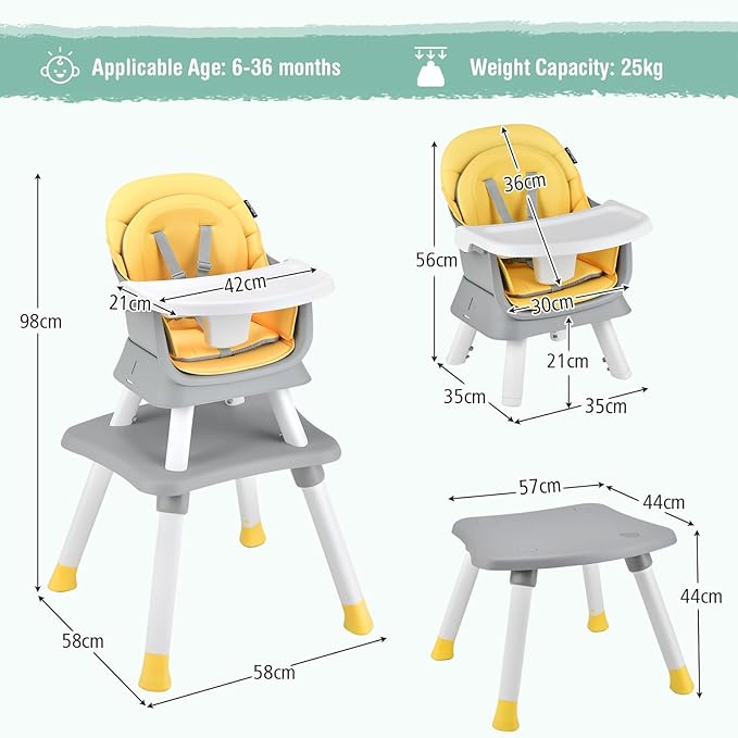 GLACER 8 in 1 Convertible Baby High Chair - Adjustable High Chairs for Babies and Toddlers with Removable Tray, Dual Cushions, Activity Table and Chair Set, Booster Seat, Stool (Yellow)